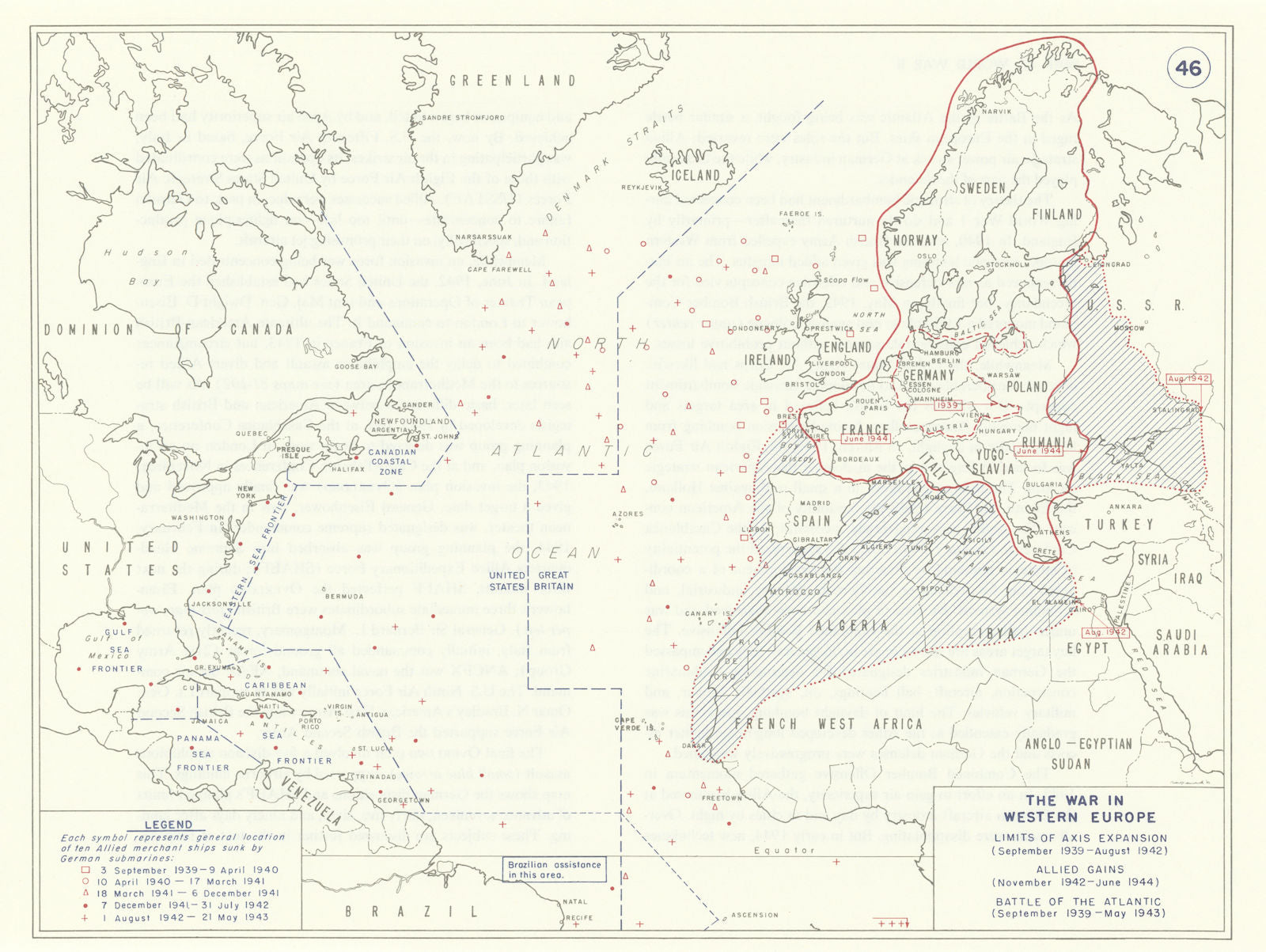 World War 2 Europe Battle of the Atlantic 1939-43 Axis Expansion limits 1959 map